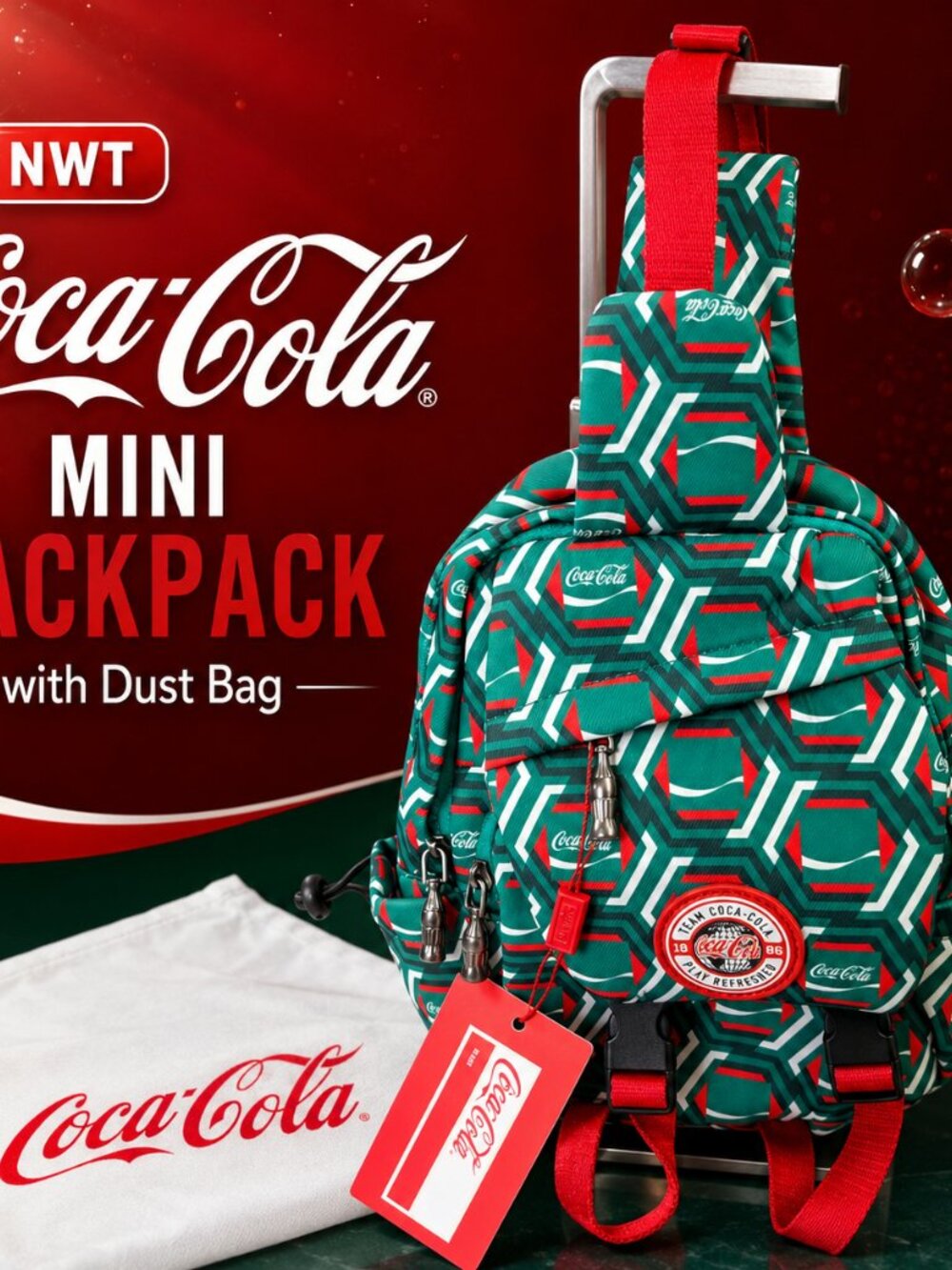 NWT Coca-Cola Mini Backpack Green Geometric Print Bag w Dust Bag